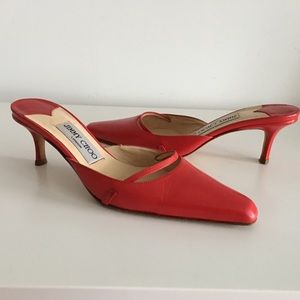 JIMMY CHOO RED LEATHER KITTEN HEEL MULES, SIZE 35